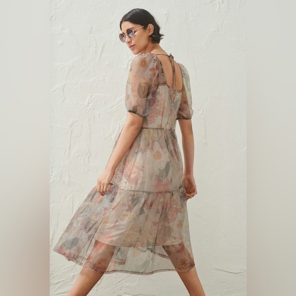 H&M PUFF-SLEEVED MESH DRESS PINK GREY FLORAL SHEER MIDI SIZE Small